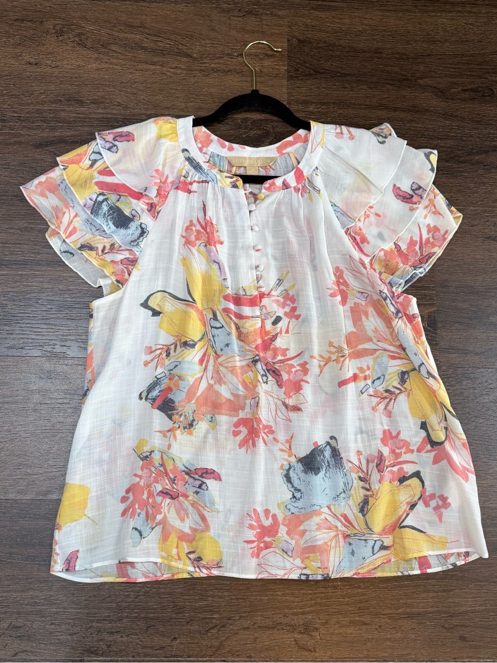 Flutter Sleeve Floral Blouse in White with Yellow & Coral Print